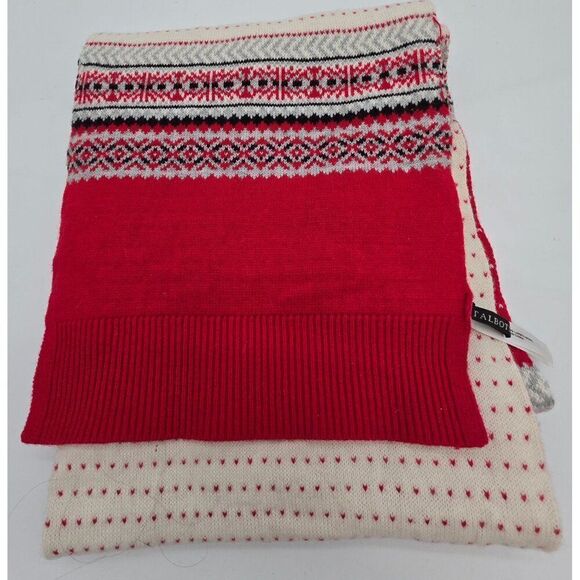 Talbots Womens Fair Isle Knit Scarf Red Ivory 70% Nylon 30% Lambs Wool Warm Soft - Picture 4 of 6
